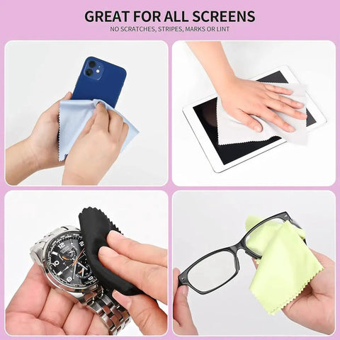 12 Pack Microfiber Cleaning Cloths For Glasses Screens Electronics 6 By 7 Inch used on phone, tablet, watch, and glasses