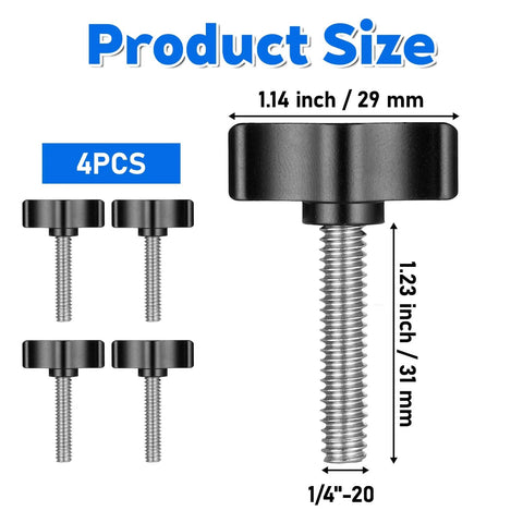 4 Pcs 1/4-20 x 1-1/4 Inch Thumb Screws With Black Wing Knob Stainless Steel Thread And Aluminum Knob size diagram.
