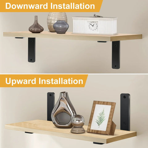 Four Pack L Shaped Shelf Brackets 6 Inch Long by 4 Inch High by 1.5 Inch Wide 5mm Thick Matte Black Iron in upward and downward installation.