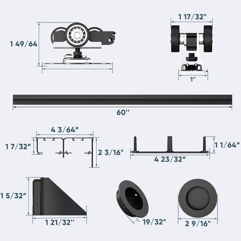 5 Foot Heavy Duty Bypass Door Hardware With Finger Pulls, Aluminum Sliding Closet Door Track For Two Door System, Quiet And Smooth Operation, Fits 1 3/8 To 1 3/4 Inch Doors, Easy Install, Black Finish illustration with dimensions and components