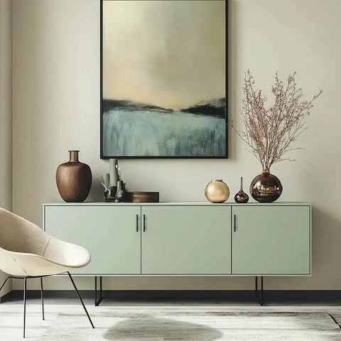 Modern living room with a minimalistic green cabinet featuring stainless steel handles and abstract artwork above, styled with decorative vases.