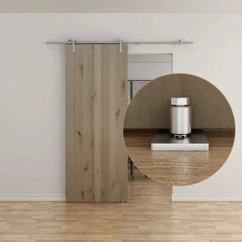 Stainless Steel Sliding Door Guide For Barn Doors 1 Pack With Flush Bottom Design Fits Doors Up To Two And One Eighth Inches Thick Durable Floor Guide Quiet Operation 304 Stainless Steel Rollers Ideal For Modern Interiors, shown installed on wooden barn door.