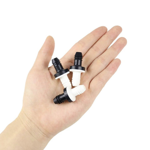BBTUS inline vacuum barbed check valve, 3/8 in (10 mm), white ABS with black fittings, held in hand