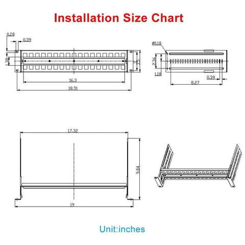 Installation size chart for Universal 2U 19 Inch Rack Mount Kit For DIN Rail Devices With Adjustable Depth Includes 1.38 Inch DIN Rail Track