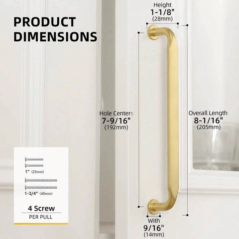 Brushed Brass Cabinet Pulls Seven And One Half Inch Ten Pack Zinc Alloy Solid Hardware dimensions for high traffic areas