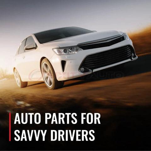 White sedan driving on a desert road with blur effect, showcasing concept of auto parts for savvy drivers.