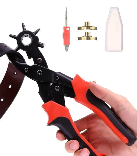 Nine Inch Heavy Duty Leather Hole Punch Set With Rotating Wheel shown punching a leather belt