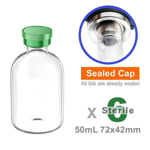 ZHANXUBIO 50ml clear sterile vial with green aluminum-plastic cap and self-healing injection port, 6-pack