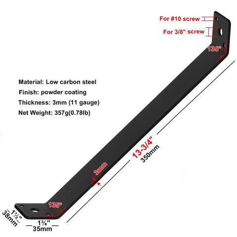 Four Pack Inside Mount Forty Five Degree Angle Brackets For Post Pergola Wooden Beams Shelves And Furniture Support Thirteen And Three Quarters Inch By One And One Half Inch Eleven Gauge Powder Coated Steel Screws Not Included, showing measurements and materials.