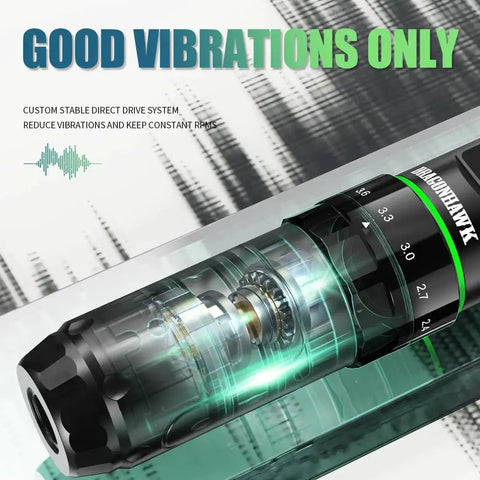 Dragonhawk L3 cordless tattoo gun with transparent housing and green glow; Dragonhawk branding visible