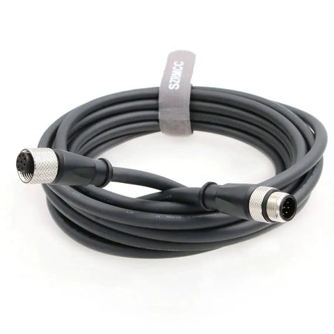 M12 A Code 8 Pin Male To Female Connector Sensor Cable 5 Meter High Flex Waterproof IP67 coiled on white background