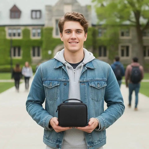 Person holding Grab And Go Travel Medical Kit With 20 Essential Medications, compact case, outdoors, college campus setting