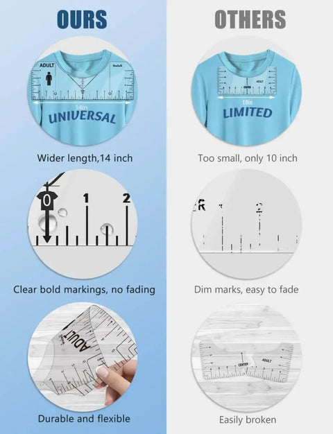 Comparison between Tshirt Ruler Guide For Cricut Heat Press Game Changer Shirt Alignment Tool and other brands on size and quality.