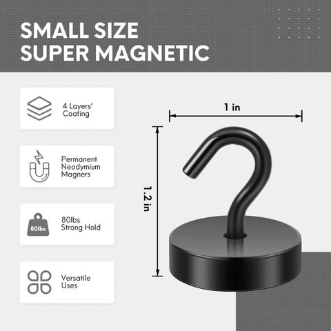 Small size super magnetic hook with 80 lbs hold, 1 inch diameter, features 4 layers coating, neodymium magnets, versatile use