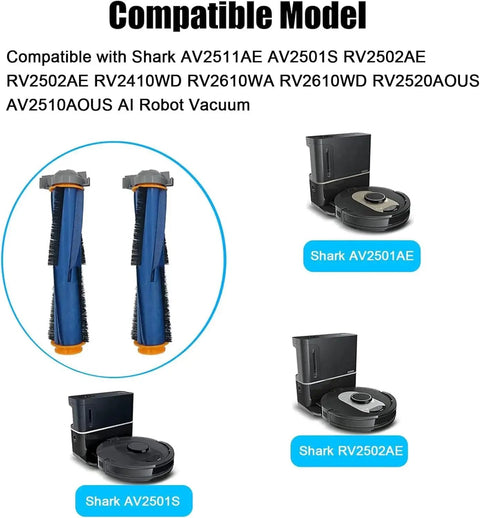 Two blue cylindrical roller brushes with orange ends and black bristles for Shark AI robot vacuums