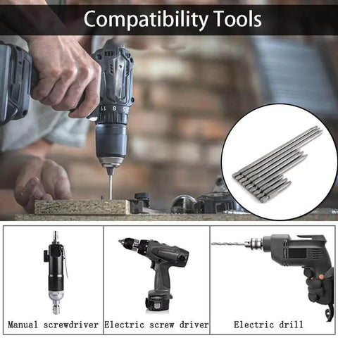 Nine Piece Square Head Screwdriver Bits Set With Quarter Inch Hex Shank Magnetic S2 Steel For Pocket Hole Jig And Electric Drill used with electric drill, shown on wood surface
