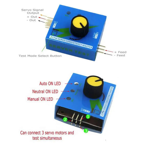 3 Channel RC Servo Tester And ESC Checker With Digital Multi-Mode Control, blue device with knobs and LED indicators
