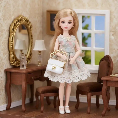 Dollhouse decor with a doll holding a white purse from the Three Pack Mini Handbag Set For Dollhouse Decor And DIY Jewelry Charms.
