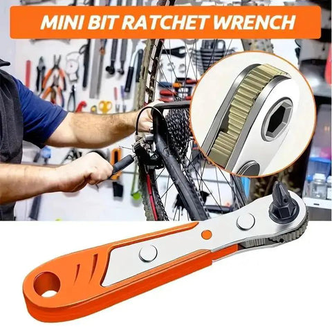 Red finish multifunctional tool with ratchet screwdriver, built-in wrench, flexible bender for narrow spaces shown in use.
