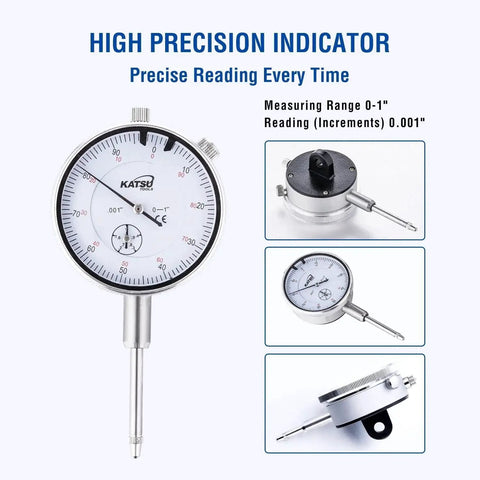 Dial Indicator With Magnetic Base And 22 Piece Indicator Points Set For Pro Grade Precision Measuring 0 To 1.0 In Range And 0.001 In Accuracy Fine Adjustment Magnetic Base With Strong Hold Long Arm Storage Case Included Model 401111