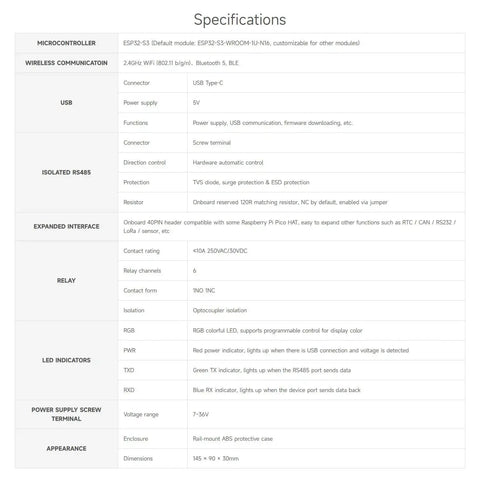 Specifications table for Six Channel ESP32S3 WiFi Relay Module With RS485 And Bluetooth Pico HAT Interfaces, detailing features and functions