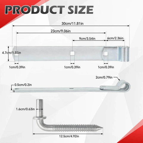 Diagram showing dimensions of Two Pack 12 Inch Zinc Strap Gate Hinges Heavy Duty Zinc Plated with L Screw M16 x 101mm.