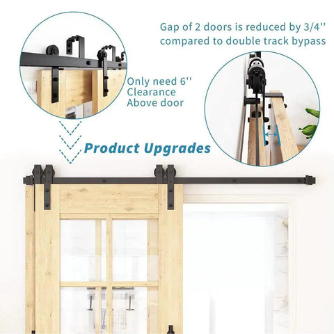 Bypass Barn Door Hardware Kit For 5 Feet Double Wooden Doors With Single Track And Flat Rollers, Low Ceiling Bypass System.