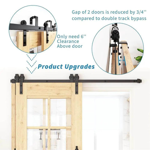 6.6FT Single Track Bypass Barn Door Hardware Kit, black, wall mounted sliding door system for narrow ceilings, easy install