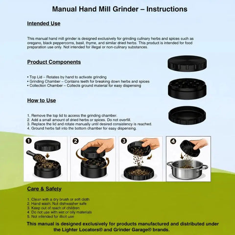 Instruction manual showing a manual hand mill grinder with product components and usage steps for grinding culinary herbs and spices.