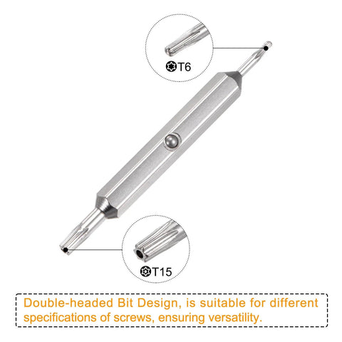 Close-up of All In One Ring Video Doorbell Screwdriver Kit with double-ended Torx T6 and T15 magnetic bits shown separately and together.