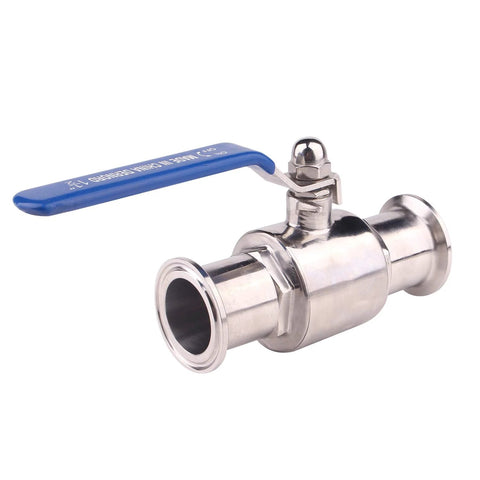 1.5in Tri-Clamp ball valve with blue lever handle, stainless steel.