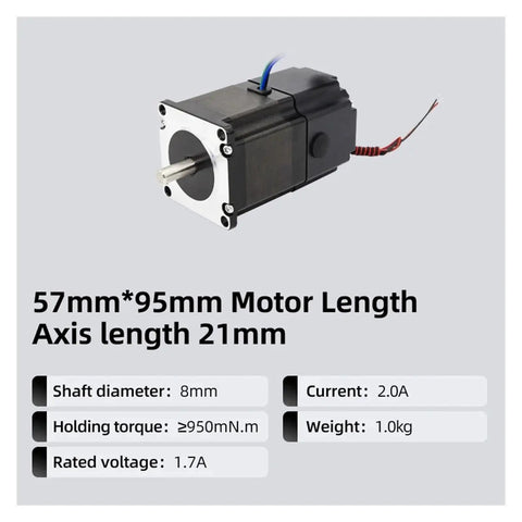 NEMA23 stepper motor with 57x95mm body, 8mm shaft and 21mm axis length; black housing with silver front plate