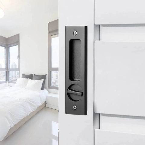 6.3 Inch Privacy Pocket Door Lock Hardware For Double Barn Doors Keyless Mortise Lock Sliding Door System In Black Durable Zinc Alloy Handle Brass Cylinder Silent Operation Anti Rust Finish.