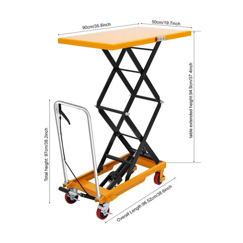 Front view of double scissor hydraulic lift table cart with orange top and four wheels.