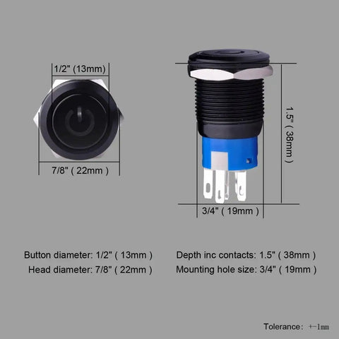 Latching Pushbutton Switch U19C1 1NO1NC SPDT On Off Metal Shell With Blue LED, detailed dimensions, for 19mm mounting hole.