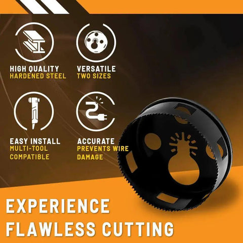 Round Hole Saw for Recessed Lights With Oscillating Multi Tool, 4 1/4 Inch Cut, Rack-A-Tiers Hardened Steel Drywall Tool displayed with features.