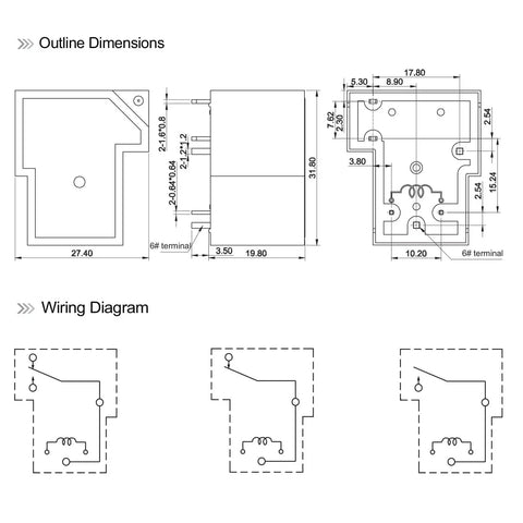 Technical diagram for 12V DC General Purpose Power Relay, 4 Pin Normally Open Form A, Miniature SPST Relay dimensions and wiring.