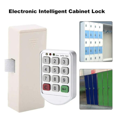 Code Lock Keypad Cabinet Lock with ABS plastic panel, shown with keypad and lockers, supports temporary or fixed passwords