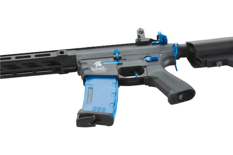 Close-up of the Gen 2 M4 SPR Carbine Blue Airsoft AEG Rifle with top tier full metal gearbox and blue accents visible.