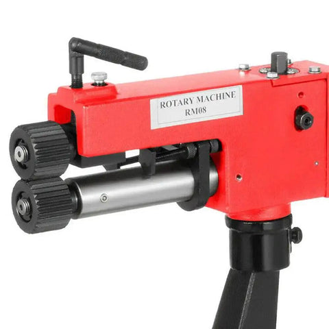 Close-up of a 7 Inch Rotary Sheet Metal Bead Roller with 6 Die Sets for Beading and Forming, steel bender, durable red plate steel construction
