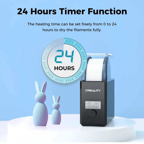 Filament Dryer Box Pro With Fan for 3D Printing, 360 Degree Heating Dehydrator shown with 24-hour timer display and decorative background