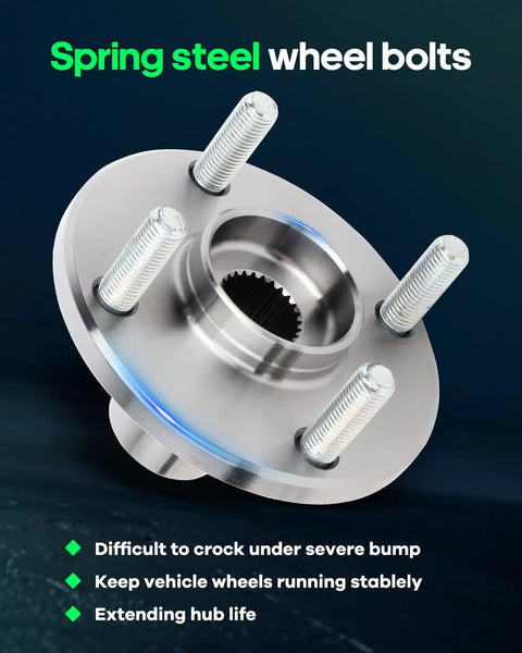 Close-up of Beefed Up Front Wheel Hub Assembly Fits Toyota Corolla 1988 2002 Geo Prizm 1993 1997 Chevrolet Prizm 1998 2002 No ABS 4 Lug 518507 New 2 Pack Premium Quality Replacement, showing five spring steel wheel bolts.