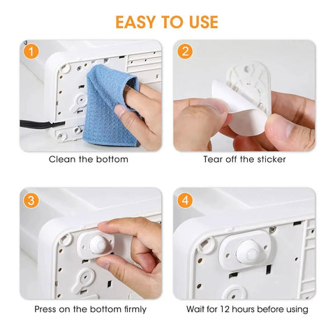 Self Adhesive Caster Wheels For Kitchen Appliances Aieve 8 Pack installation steps, showing cleaning, peeling, pressing, and waiting process