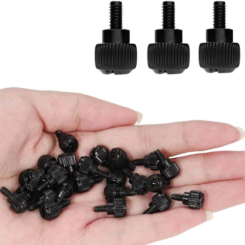 Hand holding 24 Pack Computer Case Thumb Screws 6-32 Thread M3.5x6 Knurled Black Fasteners for Covers and PC DIY Builds