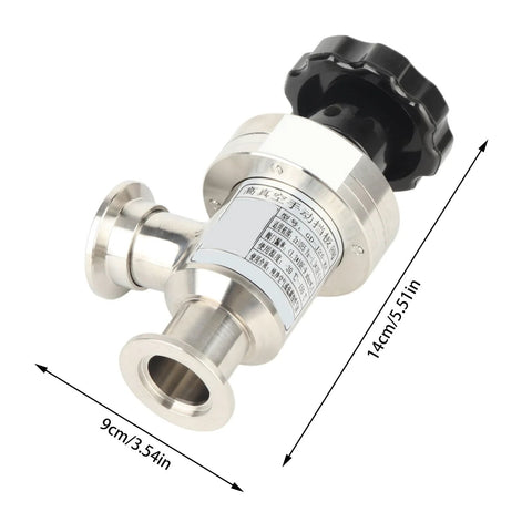 Kf25 stainless steel high-vacuum isolation valve, right-angle with black manual knob.