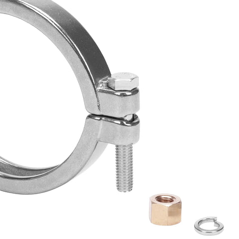 Stainless steel sanitary tri-clamp with bolted clamp, 3.5 inch, plus brass nut and retaining ring