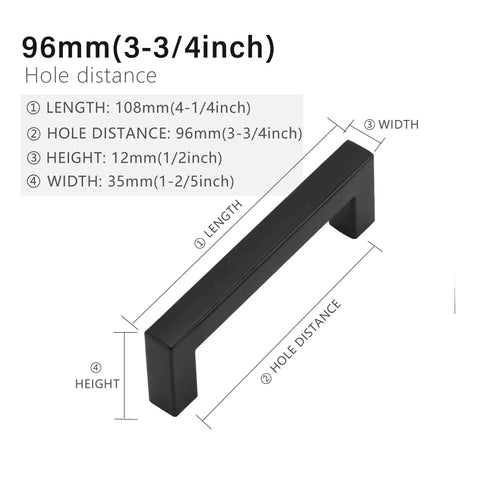 Matte Black Cabinet Pulls Square Drawer Handles with 3-3/4 Inch Hole Centers 96 mm Stainless Steel Kitchen Cupboard Hardware with dimensions