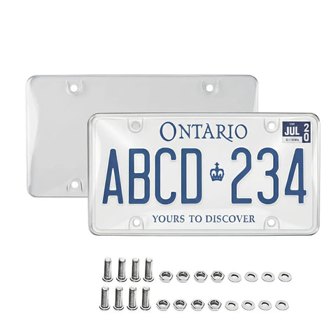 Two Pack Clear License Plate Covers Unbreakable Bubble Shield For US And Canada Cars Street Legal And Universal Fit With UV Protection Heavy Duty Protector Includes Screws with Ontario plate and screws visible.