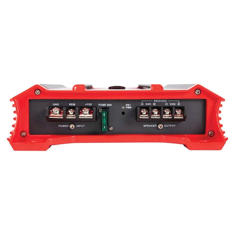 Back view of GP2000 2000W 2 Channel Car Amplifier with Beefy Bridged Mono 4 Ohms, showing power and speaker connections, black and red design.