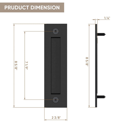 8-3/5 Inch Sliding Barn Door Handle Matte Black Finger Pull Flush Mount dimensions with measurements shown for height and width.